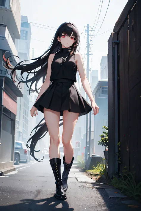 Standing posture, boots, Girl in sleeveless shirt standing confidently, Black Hair, Long Hair, Black Skirt, Red eyes, whole body, Tight fit