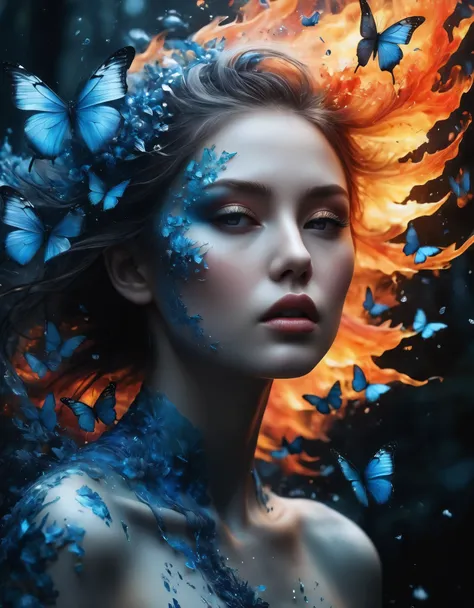 ((Masterpiece in maximum 16K resolution):1.6),((soft_color_photograpy:)1.5), ((Ultra-Detailed):1.4),((Movie-like still images and dynamic angles):1.3) | (double contact:1.3), Beautiful blue butterfly silhouette effect, Superimposed on Pretty Female《dark fo...