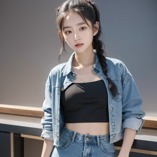 arafed woman with braids in a denim shirt and jeans jacket, by zhang han, two pigtails hairstyle, a cute young woman, pigtails h...