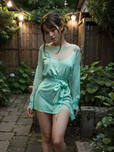 Surreal, masterpiece, real photo, ultra quality, perfect provocative poses, perfect female full body. young Bloo wears a seethrough nighty dress yet vedette outfit and luminescent light pastel green symbolic patterns, featuring an oversized shirt and a cin...