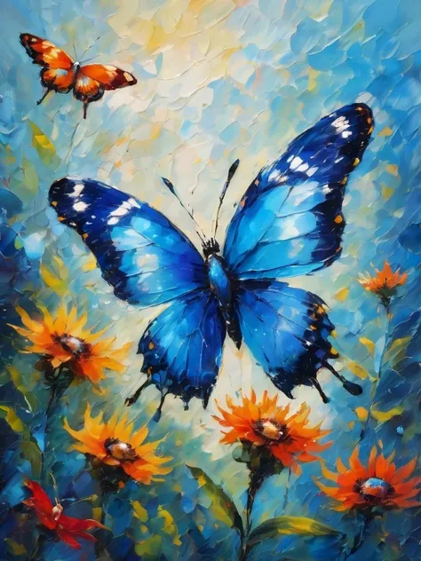 impressionism art style of blue butterfly/blue butterfly,a beautiful painting by Frida Kahlo,palette knife painting,Magic Realism,Classical Realism,Fantasy, Ethereal Fantasy, Decopunk,depth of field (dof),close up,