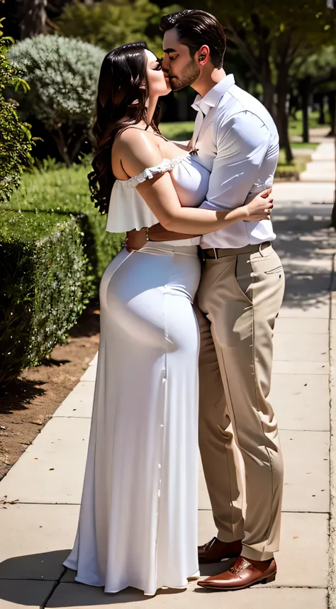 Attractive woman, huge breasts, slim waist, wearing a white blouse and a very long skirt, ((devotedly kissing with a handsome man))