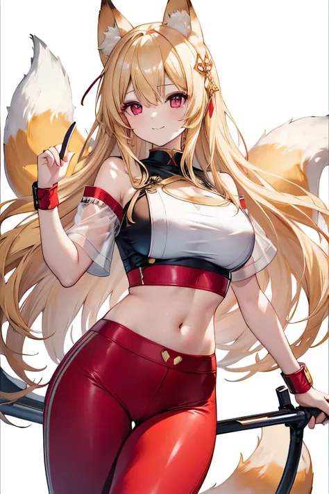 highest quality、、Big Breasts、Fox ears、Long blonde、Red Eye、Crop top、Tight pants、smile、Close-up shot