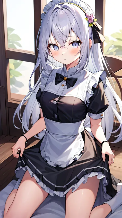 1 girl, , Solitary, lift your legs, Long hair, skirt, orange_hair, maid_have, Watch_Take a step back, Watch_Shown in_Peeping at the audience, By Bangs, Black_lift your legs, Blushed, Black_skirt, he himself, short_sleeve, clothing_lift, wrist_cuff, decorat...