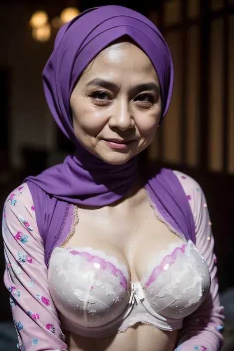 ((Wearing kebaya coats)), Spectacles, ((Old body lady:1.3)), ((Old lady:1.6)), (Happy smile), (((HIJAB MALAY GIRL))), masutepiece, High quality, UHD 32K, Realistic face, Realistic skin feeling , A Japanese Lady, 58 years old matured lady, , Very cute and b...