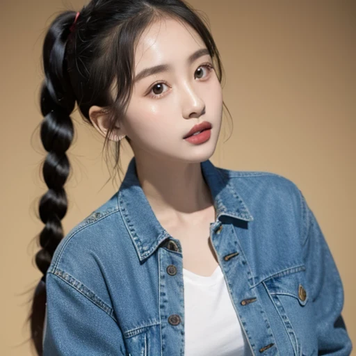 arafed woman with braids in a denim shirt and jeans jacket, by zhang han, two pigtails hairstyle, a cute young woman, pigtails h...