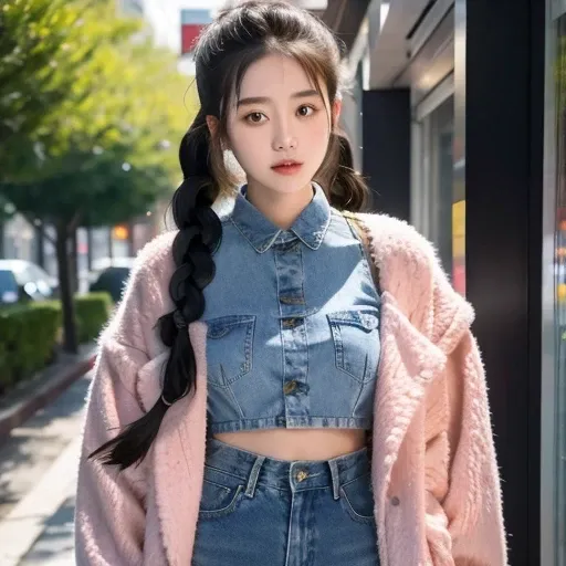 arafed woman with braids in a denim shirt and jeans jacket, by zhang han, two pigtails hairstyle, a cute young woman, pigtails h...