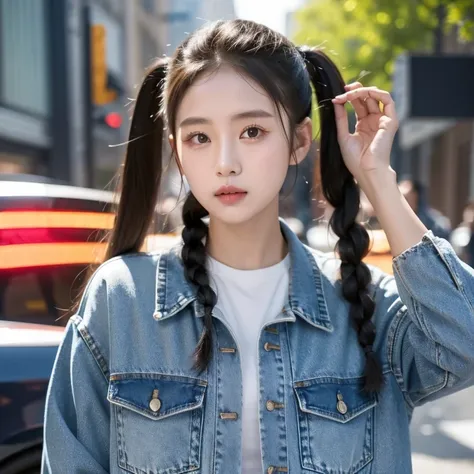 arafed woman with braids in a denim shirt and jeans jacket, by zhang han, two pigtails hairstyle, a cute young woman, pigtails h...