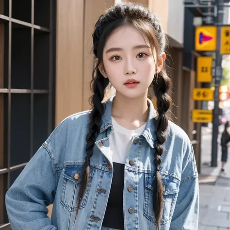 arafed woman with braids in a denim shirt and jeans jacket, by zhang han, two pigtails hairstyle, a cute young woman, pigtails h...