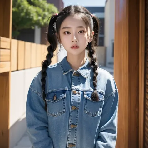 arafed woman with braids in a denim shirt and jeans jacket, by zhang han, two pigtails hairstyle, a cute young woman, pigtails h...