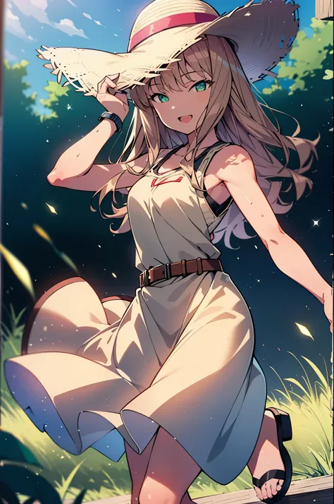 8k,highest quality,masterpiece,The seeds of a southern dream,The seeds of a southern dream　sss Dynazenon,Brown Hair,Long Hair,Green Eyes,Short braided hair,happy smile, smile, Open your mouth,Big straw hat,Sleeveless dress,Bare arms,Long skirt,Cute heeled ...