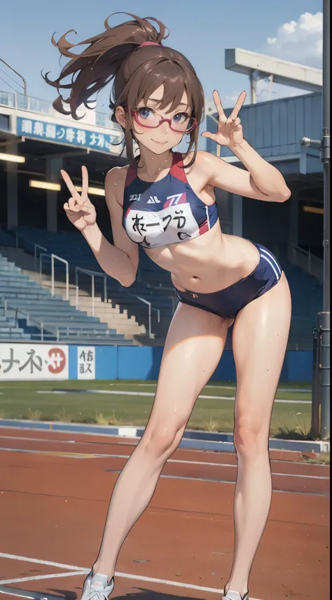 (super flat, flat shading), Honors Type, Really blushing, 17 years old, high school girl, wearing training bikini wear, cameltoe:1.5, ponytail brown hair, Glasses, sweaty healthy body, mesugaki smile, bare legs, ultra realistic, early morning, breeze, (lea...