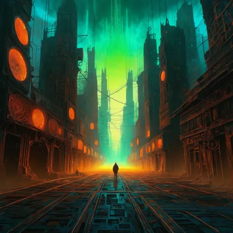 A hyperrealistic, Zdzisław Beksiński-esque dystopian cityscape is consumed by sprawling, biomechanical fractals that pulse with neon-lit musical energy, their intricate patterns weaving a discordant symphony that echoes through the gritty, post-apocalyptic...