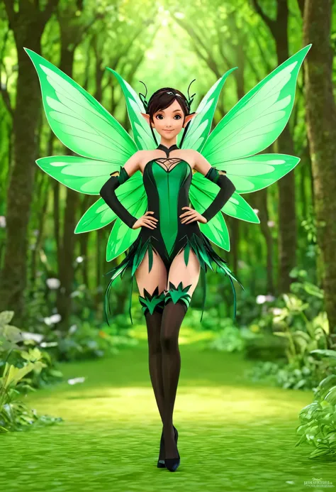 Anime girl in green and black costume on wings and green background, pixie character, fairy, forest fairy, insect trainer girl, brunette elf with fairy wings, pixie, cute 3d anime girl rendering, April rendering, fairy dance, open legs  