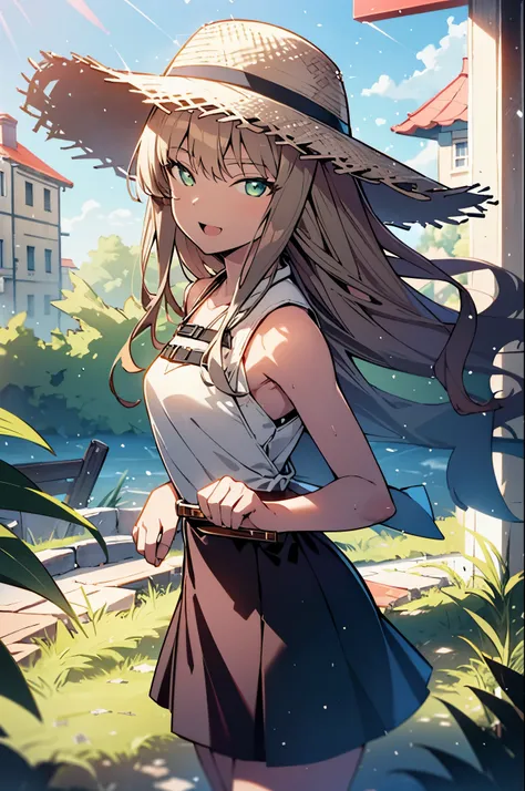 8k,highest quality,masterpiece,The seeds of a southern dream,The seeds of a southern dream　sss Dynazenon,Brown Hair,Long Hair,Green Eyes,Short braided hair,happy smile, smile, Open your mouth,Big straw hat,Sleeveless dress,Bare arms,Long skirt,Cute heeled ...