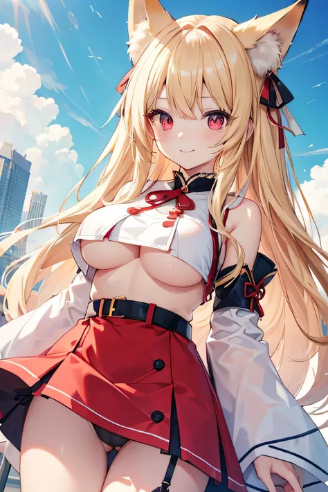 highest quality、、Big Breasts、Underboob、Fox ears、Long blonde、Red Eye、mini skirt、Panty shot、smile、Close-up shot、Angle from below