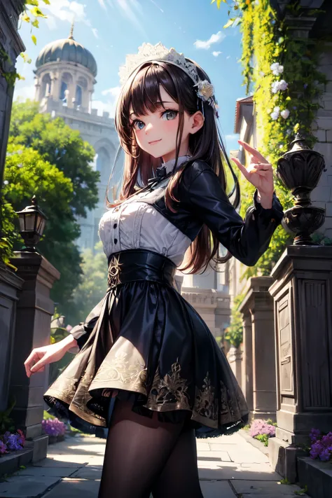 very cute and beautiful girl,(highly detailed beautiful face),(smile),
black hair,looking at viewer,stylish pose,beautiful legs,cowboy shot,
floral gothic brown kawaii dress with intricate detail embroidery,cute lace,frills,
palace gate,shrubbery,tiny flow...