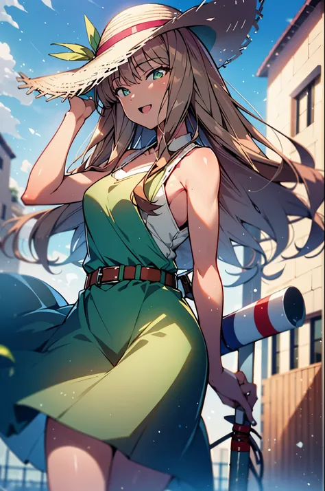 8k,highest quality,masterpiece,The seeds of a southern dream,The seeds of a southern dream　sss Dynazenon,Brown Hair,Long Hair,Green Eyes,Short braided hair,happy smile, smile, Open your mouth,Big straw hat,Sleeveless dress,Bare arms,Long skirt,Cute heeled ...