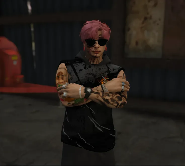 there is a man with tattoos and a pink hair standing in a street, mechanic punk outfit, dressed in crustpunk clothing, cyberpunk street goon, in cyber punk 2077, cyber punk setting, diselpunk, second life avatar, diesel punk female, upper body avatar, full...