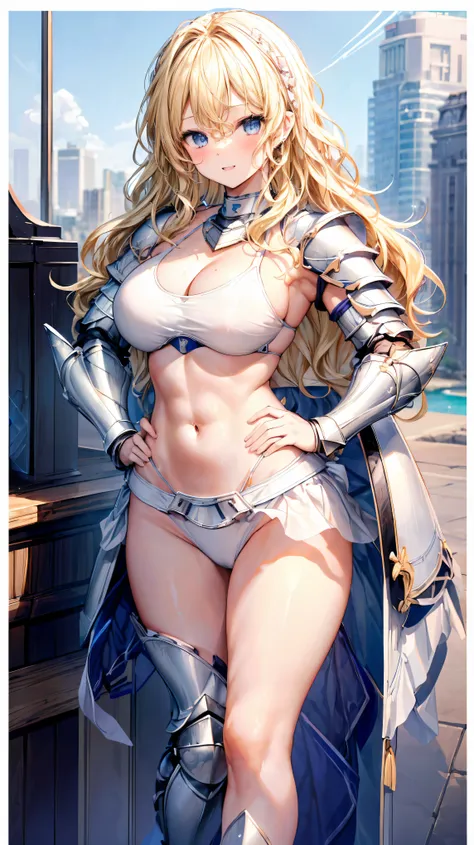 Very detailed、highest quality、Best image quality、masterpiece、8k、Anime Face、A kind smile、Open your mouth、Sparkling blue eyes、(Blonde wavy hair:1.5)、、Muscles of the whole body、Hands on hips、camisole、Thigh belt、mini skirt、(Wearing white bikini armor:1.5)、Cowb...