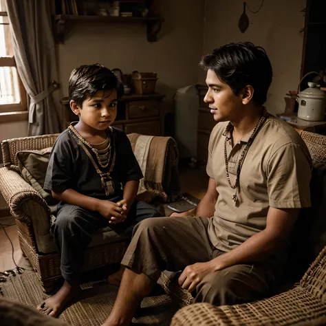 Indian Village old home,a little boy sit on chair, doing conversation with a young man, realistic photo 