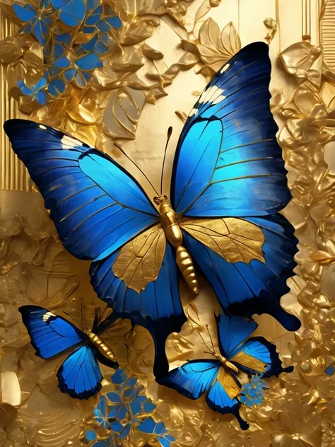 Blue Butterfly，Egypt in the Mysterious Elements，Blue Butterfly，magnificent，atmosphere，gold，Gold Leaf，Inlaid with gold，Metal，Digital Media Art，Klein Blue，