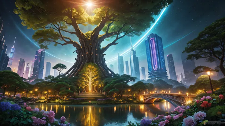 Masterpiece, robot hands a bouquet of flowers to a , mysterious, light emanates from the center, made from ruins, skyscraper, Tokyo, painting of a tree with a bridge, fantasy valley with a tree, high detailed fantasy , fantasy tree, colorful and detailed d...