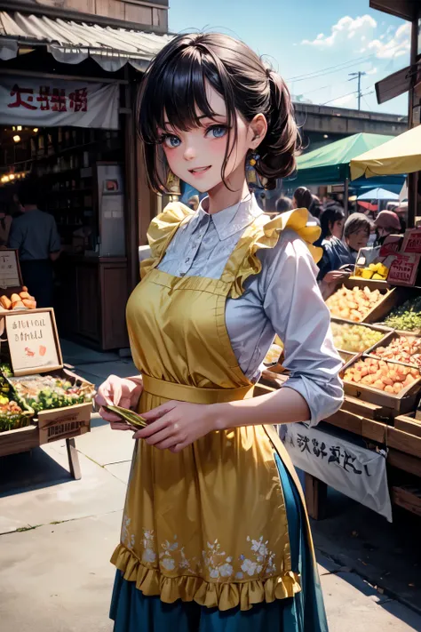 very cute and beautiful girl standing among town market,selling many kind of foods,
(highly detailed beautiful face and eyes),cowboy shot,yellow and white floral frilled apron on white blouse,blue skirt,
looking at viewer,(laugh),black hair,people,crowd,
(...