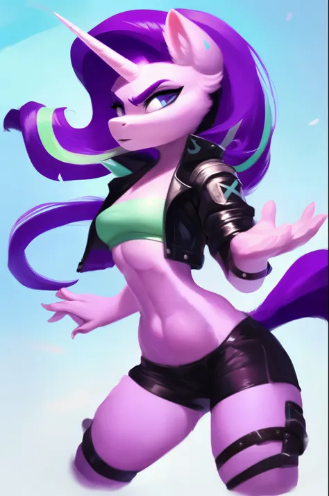 solo, rating_safe, score_9, fluffy, anthro unicorn pony, starlight glimmer, medium breasts, evil, leather jacket, tube top