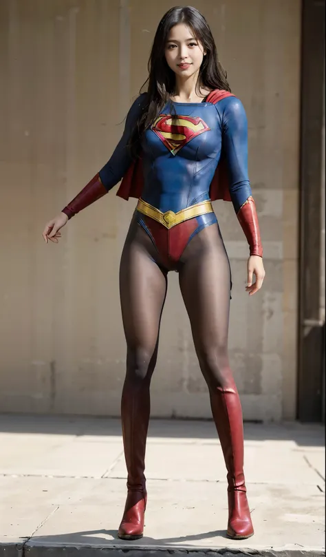 No background、(((Beautiful legs in black tights.)))、(((Legally express the beauty of your smile)))、((((Make the most of your original images)))、(((Supergirl Costume)))、(((Beautiful Hair)))、(((suffering)))、(((Please wear black tights....、Wear red boots)))、(...