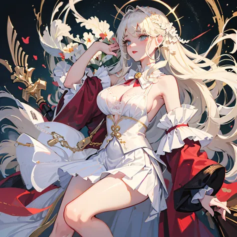 long wavy pale blonde hair,two long wavy sides bangs behind, pale blonde eyelashes, pale green eyes color,long fluffy wavy hair, white bow tied behind her hair, wearing a white off-the-shoulder blouse and a cloak at her shoulder,pale lavender puffy skirt, ...