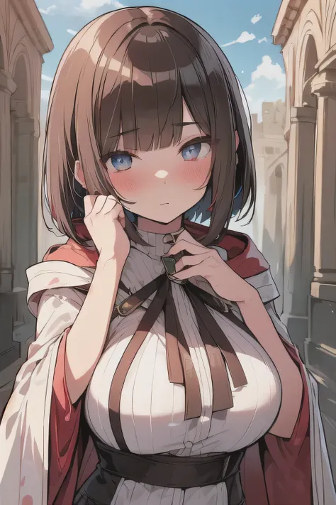 (best quality), (Super detailed), (Best Illustration), (woman), look at viewer, {(Assassin robe:1.2)}, (large breasts), {(detailed eyes), (heart-shaped pupils), blue eyes}, {brown hair, (sideburns), (bob cut:1.3), curly hair, hairs between eyes, colored in...