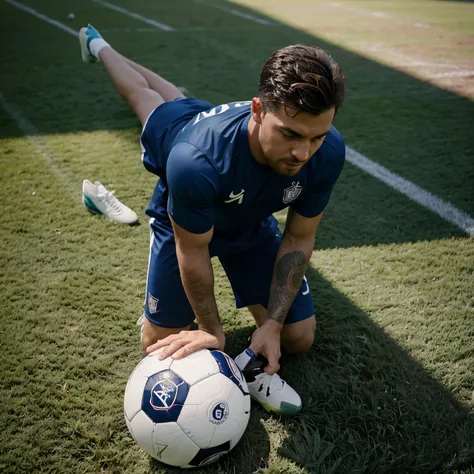 Homem segurando uma bola de futebol com um campo de futebol como fundo 