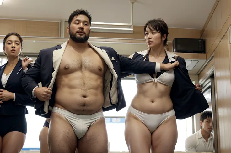 A stocky chubby Japanese man in his 40s, a former rugby player with a short beard and wearing a suit jacket and tie, standing in a crowded train with only white competitive swim suits underneath spread legs a part wide open
