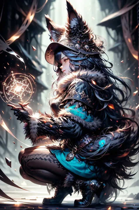 [Best quality, Shaded, extreme detail, highly detailed, ultra detailed, intricate, Realistic], woman, hairy woman, wolf woman, full body portrait, full fur, magic fur, full tail, big signal, magic tail, long hair ( colored hair), hat on the head (fur witch...