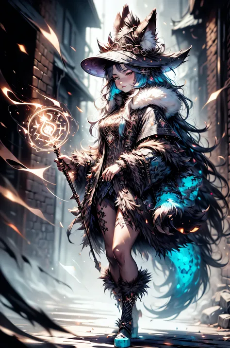 [Best quality, Shaded, extreme detail, highly detailed, ultra detailed, intricate, Realistic], woman, hairy woman, wolf woman, full body portrait, full fur, magic fur, full tail, big signal, magic tail, long hair ( colored hair), hat on the head (fur witch...