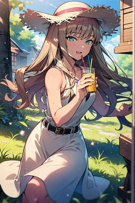 8k,highest quality,masterpiece,The seeds of a southern dream,The seeds of a southern dream　sss Dynazenon,Brown Hair,Long Hair,Green Eyes,Short braided hair,happy smile, smile, Open your mouth,Big straw hat,Sleeveless dress,Bare arms,Long skirt,Cute heeled ...