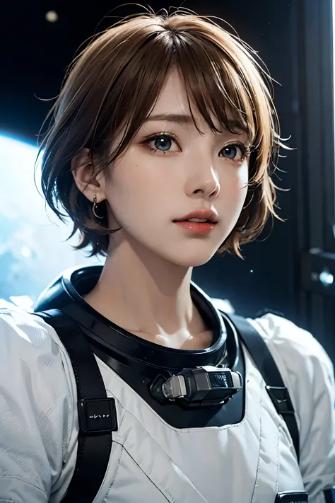 Ultra-high resolution、(Real:1.4)、One beautiful woman、Beautifully detailed eyes and skin、Light brown short hair、Full space suit、Space Station、Spaceship、Remains、Cloudy、Sci-Fi Taste、Movie quality、dramatic、Dramatic composition、