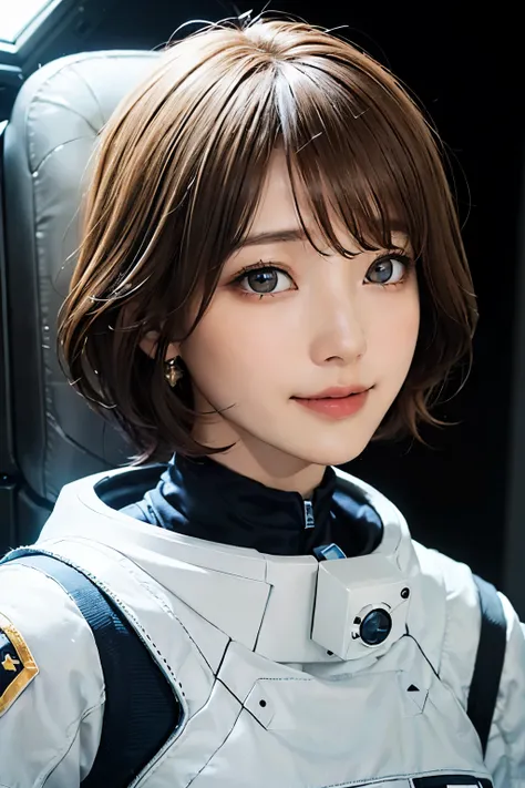 Ultra-high resolution、(Real:1.4)、One beautiful woman、Beautifully detailed eyes and skin、Light brown short hair、A Little Smile、Full space suit、Space Station、Spaceship、Remains、Cloudy、Sci-Fi Taste、Movie quality、dramatic、Dramatic composition、