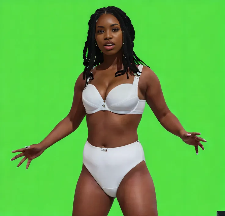 ((masterpiece, best quality)), ((30 year old)), (((Curvy))), ((Black woman with long black braids)), in ((white cotton high cut panties)), ((white sports bra)), ((wide hips)), (standing in front of a green screen), nose ring, black fingernails, (((photo re...