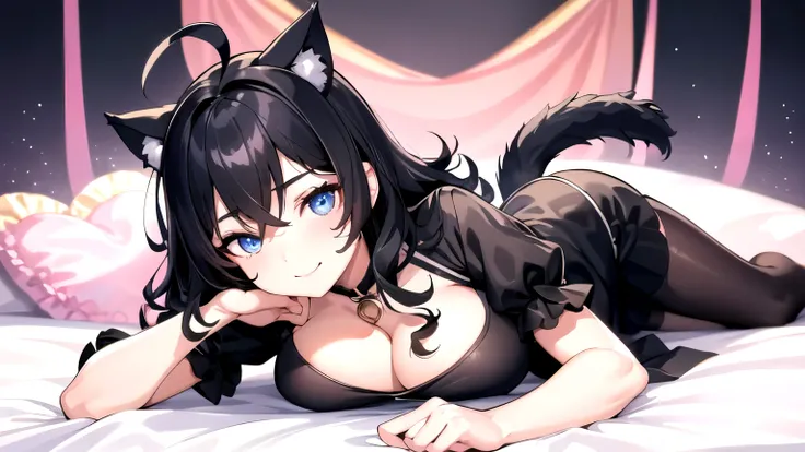 Watching the audience, 1 person、girl, Open your mouth, smile, Virtual YouTuber、((highest quality, expensive_solve, Clear_image)),(Black Hair), (Black cat ears), (Ahoge), (Ridiculously short hair), (Wavy Hair), (blue eyes),、Sleepy expression、Very large brea...