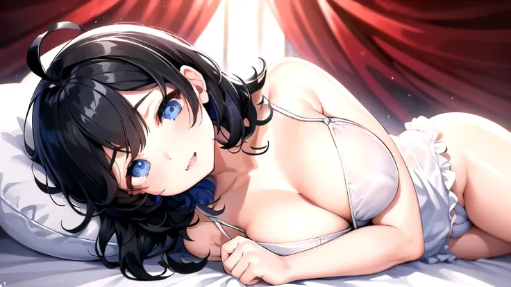 Watching the audience, 1 person、girl, Open your mouth, smile, Virtual YouTuber、((highest quality, expensive_solve, Clear_image)),(Black Hair),  (Ahoge), (Ridiculously short hair), (Wavy Hair), (blue eyes),、Sleepy expression、Very large breasts,I put on my l...