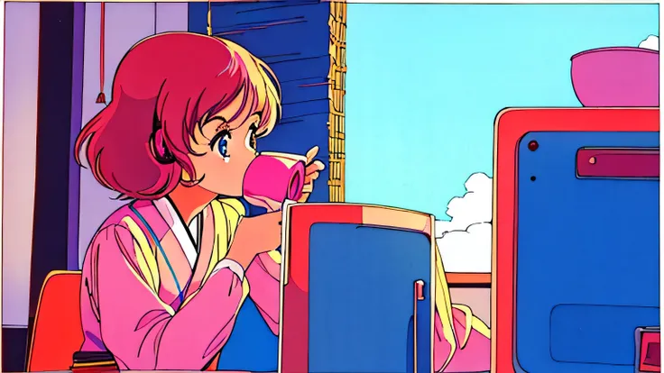 １９８０Japanese anime style of the 1980s、City pop culture vibe、Beautiful girl with headphones、The girl is sitting in a chair in her room drinking coffee、I can see the girl&#39;s profile、Outside the window, you can see the night view.、A cat is sleeping next to...