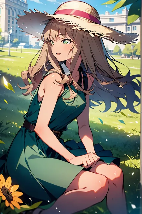 8k,highest quality,masterpiece,The seeds of a southern dream,The seeds of a southern dream　sss Dynazenon,Brown Hair,Long Hair,Green Eyes,Short braided hair,happy smile, smile, Open your mouth,Big straw hat,Sleeveless dress,Bare arms,Long skirt,Cute heeled ...