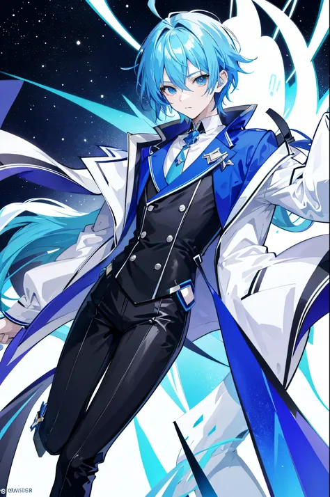 A close-up of an anime boy with blue hair wearing a white jacket, immersed in the 4D anime style. His tall anime face, adorned with blue eyes, is the center of attention in this full body portrait. The moe artstyle anime single character is rendered with t...