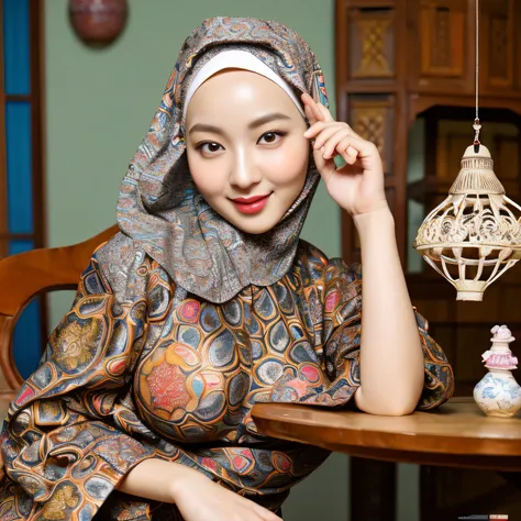 RAW, Best quality, high resolution, masterpiece: 1.3), beautiful Korean woman in hijab (iu:0.8)1beautiful Korean woman ,((big breast)),detail face,perfect yeyes, soft smile, sitting on a chair in a room with a bird cage, batik, traditional beauty, with bea...