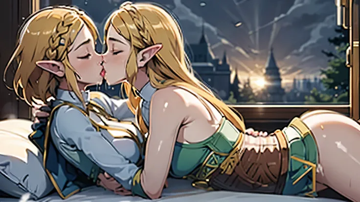 Masterpiece, stunning realistic, movie sex scene, best quality, Sharpness, 2 girls, princess zelda, lying on top of each other, kissing in bed, large breasts,, tongue kiss, closed eyes,full body (2girls, Zelda), short tight dress, sleeveless, cityscape, he...