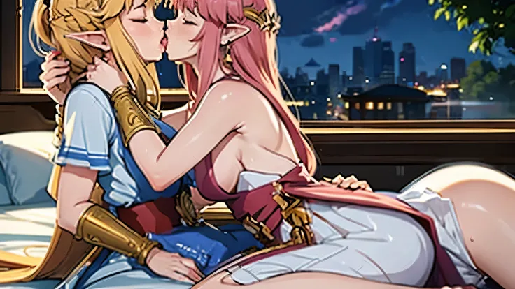 Masterpiece, stunning realistic, movie sex scene, best quality, Sharpness, 2 girls, princess zelda, lying on top of each other, kissing in bed, large breasts,, tongue kiss, closed eyes,full body (2girls, Zelda), short tight dress, sleeveless, cityscape, he...