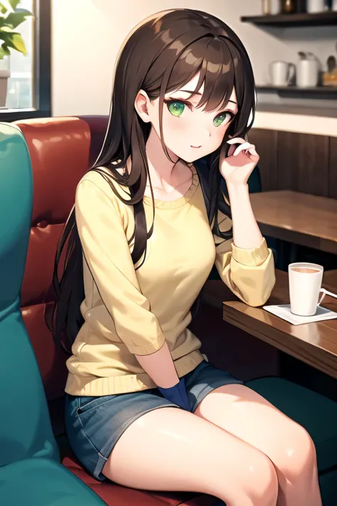 Girl, long brown hair and green eyes, wearing casual clothes, sitting in a cafe and holding a glass of coffee 