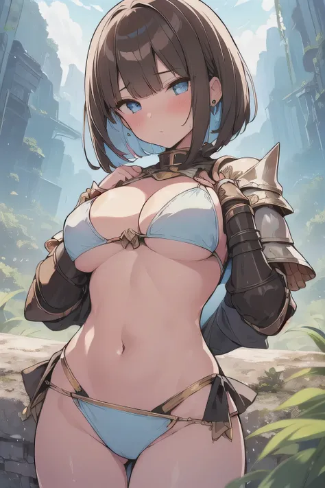 (best quality), (Super detailed), (Best Illustration), (woman), look at viewer, {(bikini armor knight:1.2), (show off bikini:1.3)}, (very large breasts), {(detailed eyes), (heart-shaped pupils), blue eyes}, {brown hair, (sideburns), (bob cut:1.3), curly ha...